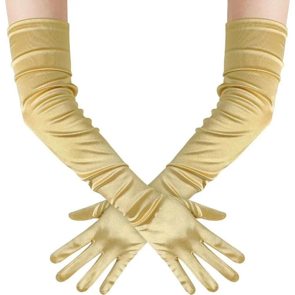 Women's Long Satin Gloves Dark Gold Stretchy Upper Arm Length Costume Design